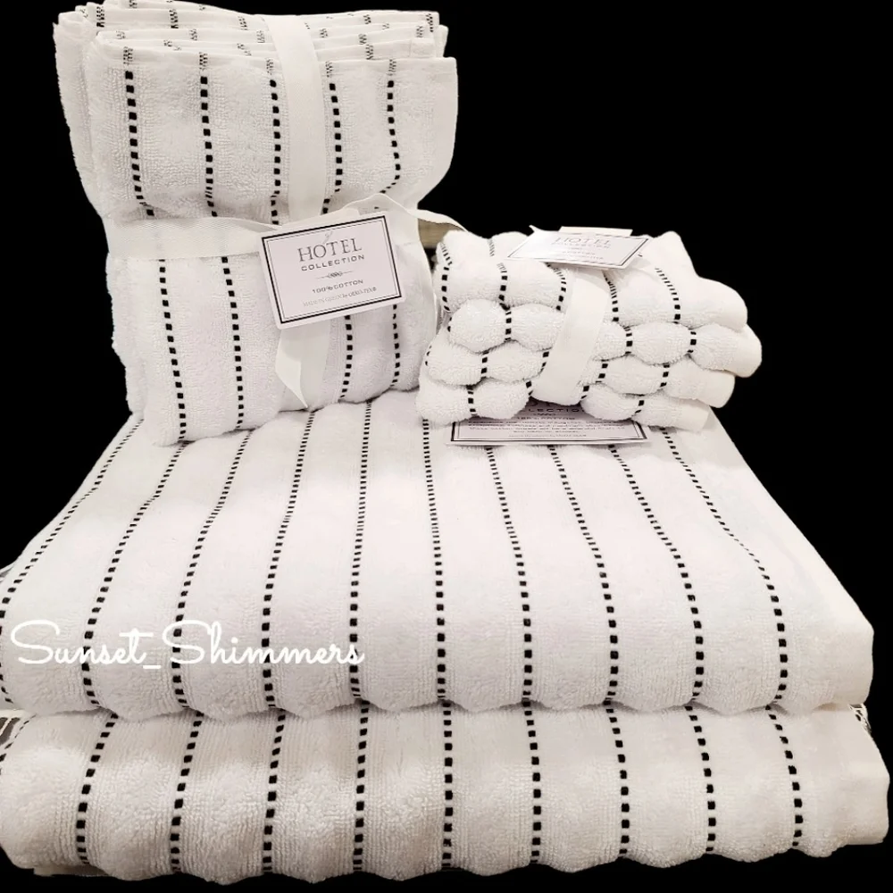 8pc Hotel Collection Bath Hand Washcloth White Black Dot Pinstripe TOWEL Set New